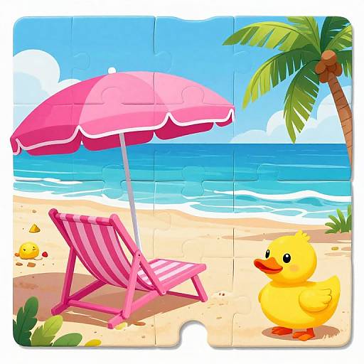 Colorful beach puzzle: Pink striped chair under red umbrella, yellow duck, palm tree, blue ocean, white clouds, and sandy shore.