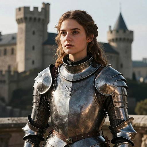 Woman in Medieval Armor with Castle Background
