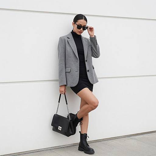Stylish Woman in Gray Blazer and Black Mini Dress