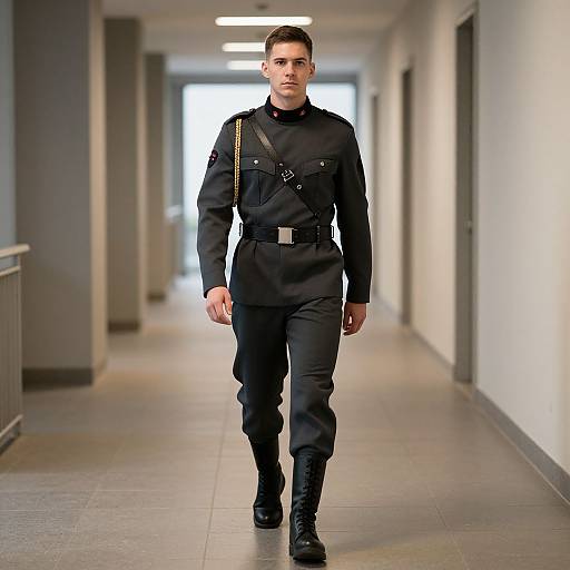 Photograph of a young, fit man with short brown hair, wearing a black military-style uniform with a belt and strap, walking down a bright,