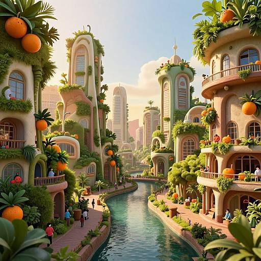 Digital art of a vibrant, sunlit urban garden with curved, orange-orchard-adorned buildings, a winding canal, and pedestrians walking on