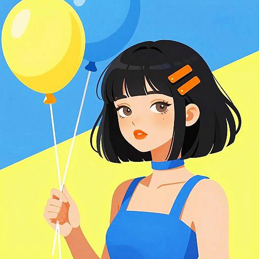 Digital illustration of a cute anime-style girl with black bob hair, orange hairpins, blue dress, and choker, holding a yellow balloon against a