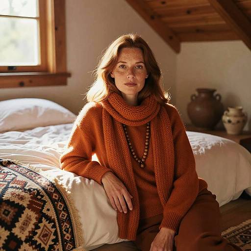 Photograph of a red-haired woman with freckles, wearing an orange knitted sweater and scarf, sitting on a bed in a sunlit,