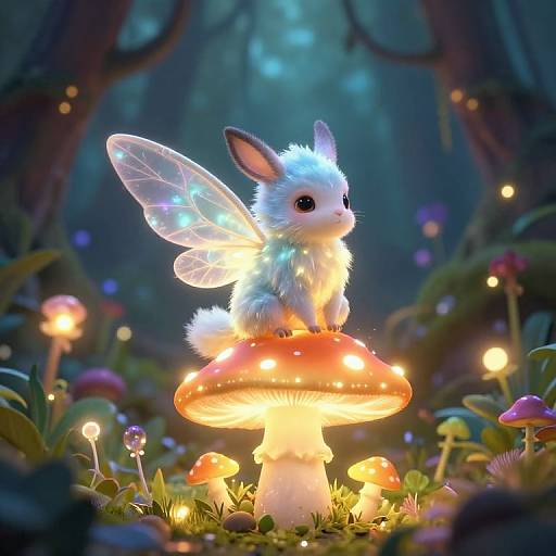 Whimsical digital painting of a glowing, fairy-like, fluffy white rabbit with translucent wings sitting on a radiant, glowing mushroom in a magical forest filled