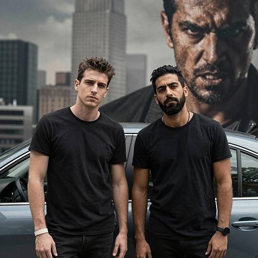 Two men standing by car with intense cityscape backdrop