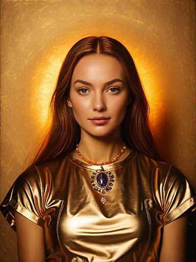 Woman in Metallic Gold Shirt and Statement Necklace