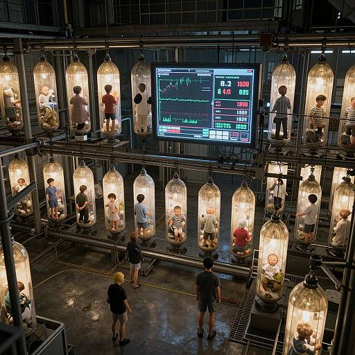 Photograph of a dimly-lit laboratory with rows of clear glass enclosures holding children, monitored by bright digital screens above.