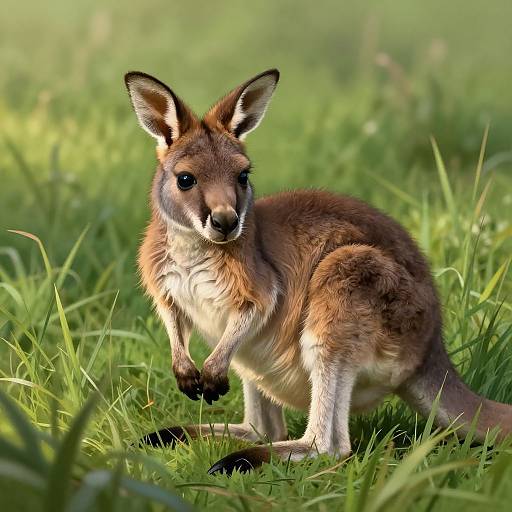 Photograph of a cute, small brown and white kangaroo with large ears and black eyes, standing on green grass in sunlight.