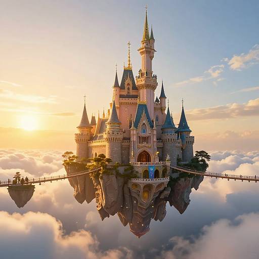 Photograph of a fairy-tale castle with blue and pink spires, reflecting on a cloud-covered rock formation, bathed in golden sunset light.