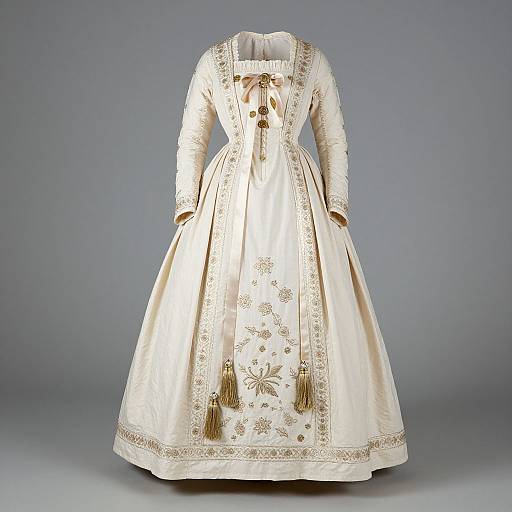 Photograph of an elegant, long-sleeved, white Victorian-style dress with intricate gold floral embroidery, ribbon bow at the neck, and full skirt