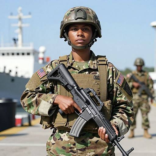 Photograph of a serious, dark-skinned female soldier in camo uniform, helmet, and tactical vest, holding an assault rifle, with blurred background