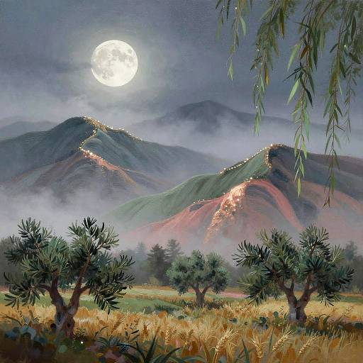 Digital painting of a moonlit night with illuminated mountain ridges, misty atmosphere, green hills, and olive trees in the foreground.