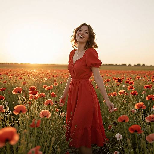 Photograph of a smiling woman in a red dress standing in a sunlit poppy field, with vibrant red and orange flowers under a golden sunset sky
