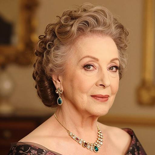 Photograph of an elegant older woman with curly gray hair, wearing a black lace dress, turquoise earrings, and a gold necklace, smiling subtly in a