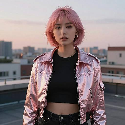 Confident Woman on Rooftop at Sunset