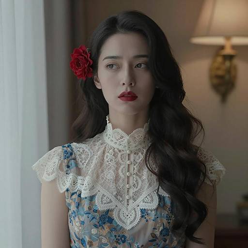 Elegant Woman with Red Flower and Lace Dress