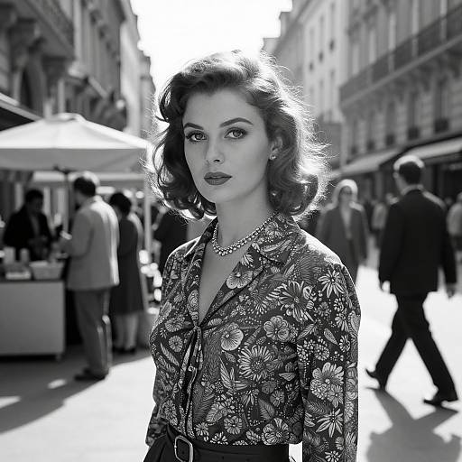 Black-and-white photograph of a 1940s-styled woman with wavy hair, floral-patterned blazer, pearl necklace, standing confidently in