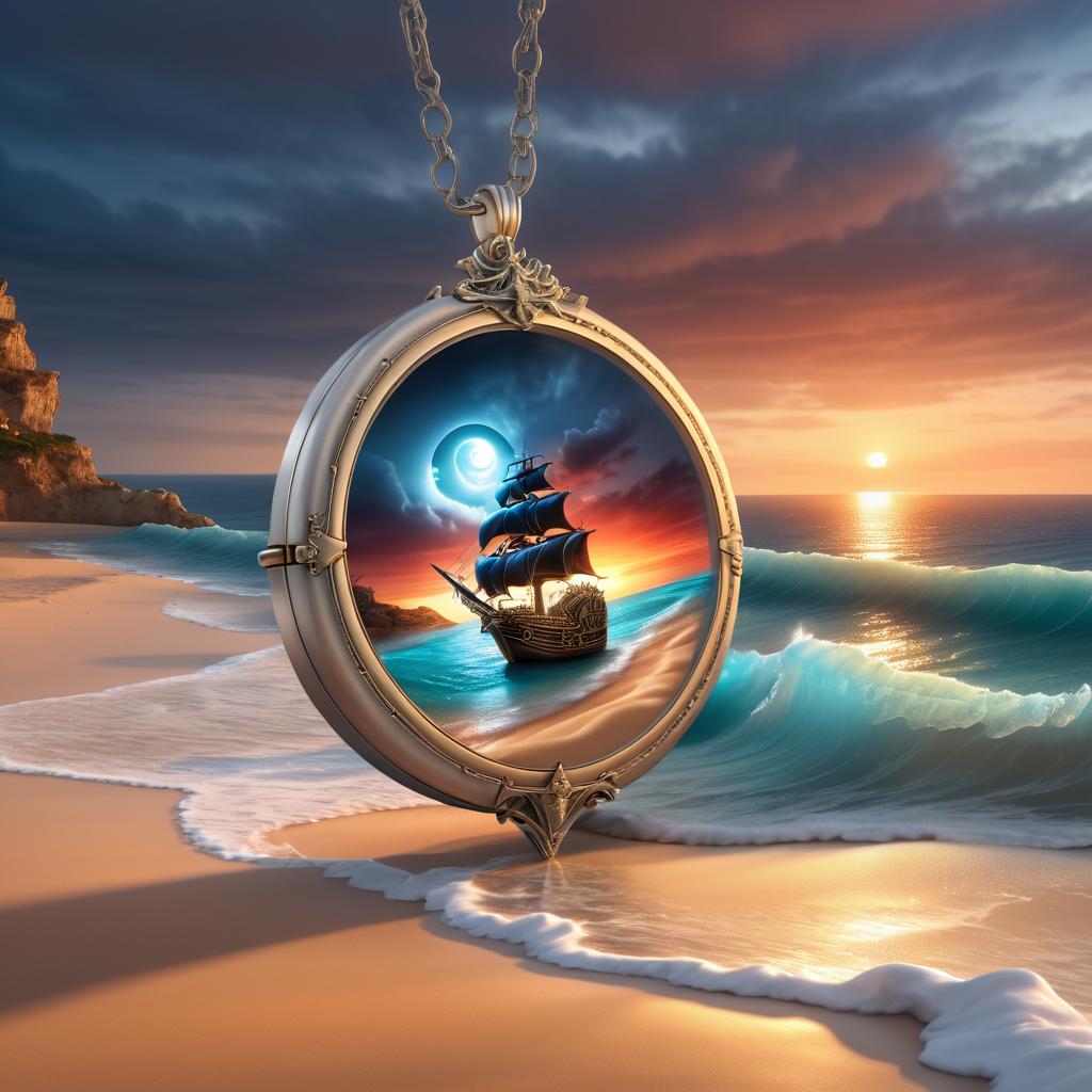 Silver Locket with Pirate Ship and Ocean