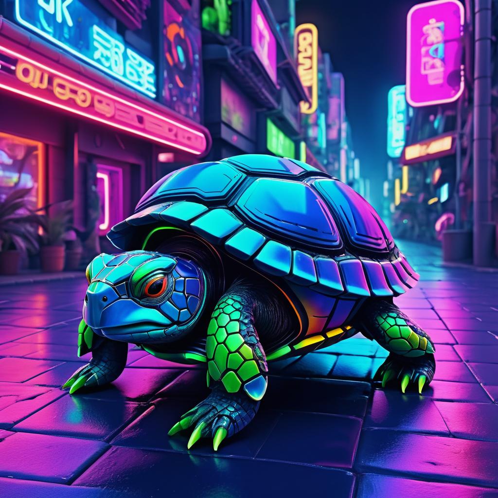 Cyberpunk Turtle in Vibrant Cityscape