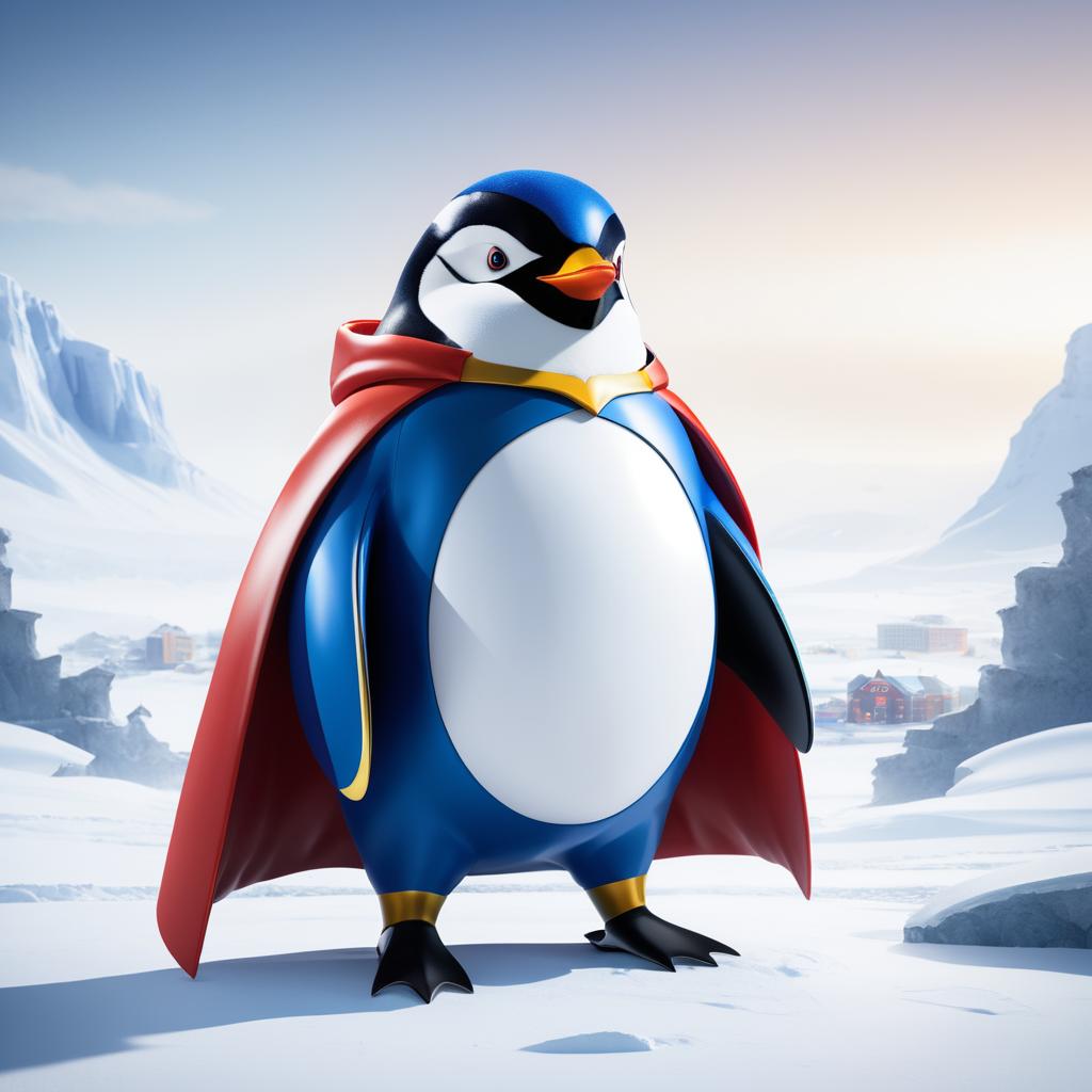 Superhero Penguin in a Snowy Battlefield