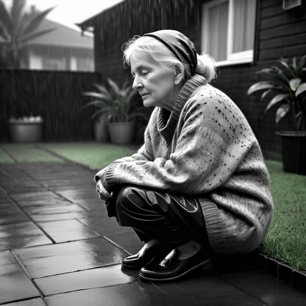 Elderly Woman in Rainy Black and White