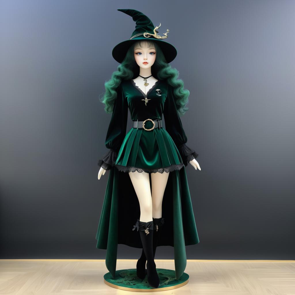 Stylish Witch in Green Velvet Attire