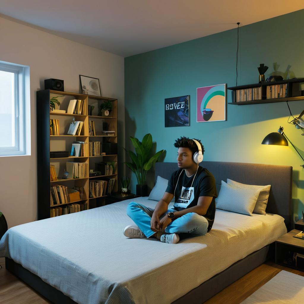 Young Man Relaxing in Bedroom with Headphones