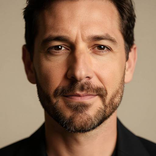 Close-up photograph of a bearded, middle-aged man with short dark hair, brown eyes, and a slight smile, wearing a black shirt against a
