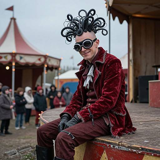 Photograph of a man in a Victorian steampunk outfit with a black curly hairpiece, red velvet jacket, brown pants, and black gloves,