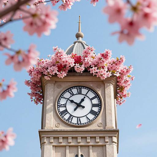 Photograph of a clock tower adorned with pink cherry blossoms, set against a bright blue sky, with blurred cherry blossoms in foreground.