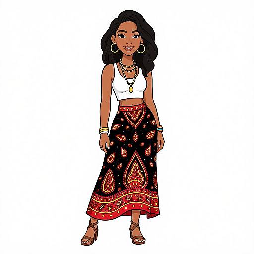 Digital illustration of a smiling young woman with dark skin and curly black hair, wearing a white crop top, black paisley skirt, and gold jewelry,