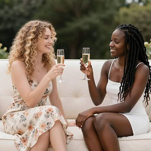 Joyful Women Cheers on Outdoor Couch