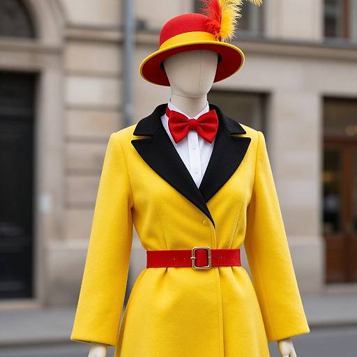 Photograph of a headless mannequin in a vibrant yellow coat with black lapels, red bow tie, red belt, red hat with yellow