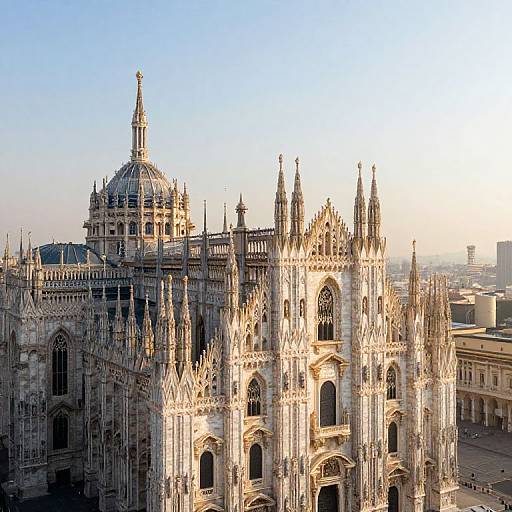 Photograph of the ornate, Gothic-style Basilica of the Sagrada Família in Barcelona, Spain, bathed in golden sunlight with detailed sp
