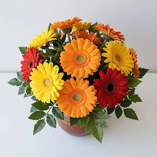 Photograph of a vibrant bouquet of orange, yellow, and red gerbera daisies with green leaves, in a brown ceramic vase against a