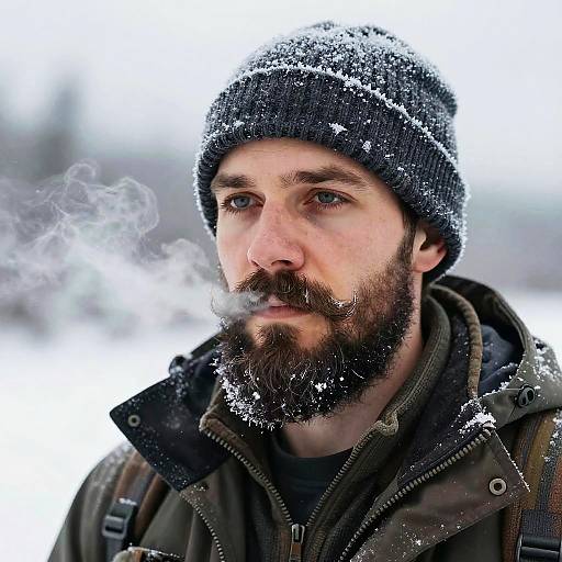 Photograph of a bearded man with light skin, wearing a black knit hat and winter jacket, smoking in a snowy landscape. Breath visible, hat
