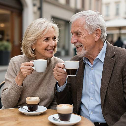 Photograph of an elderly couple with white hair, smiling, holding white coffee cups, sitting at a café table with cappuccinos.