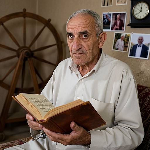 Photograph of an elderly man with gray hair, wearing a white shirt, reading a book in a room with a wooden wagon wheel, clock, and