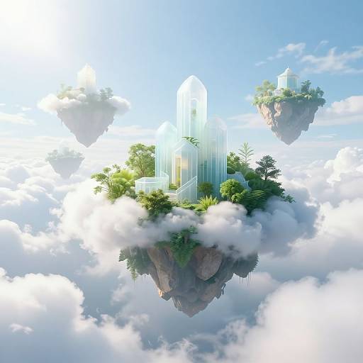Digital artwork of floating, lush islands with futuristic glass skyscrapers, surrounded by clouds and blue sky, creating a surreal, utopian scene.