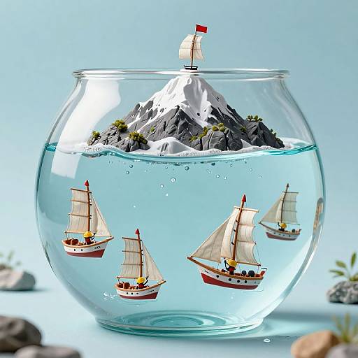 Photograph of a clear glass bowl filled with water, featuring miniature sailboats and a small mountain with a flag, set against a light blue background.