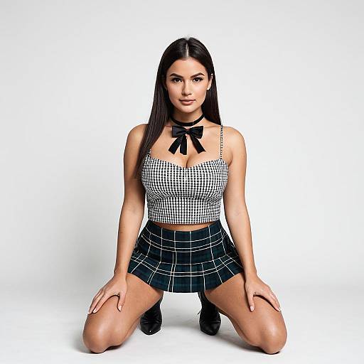 Fashionable Woman in Plaid Crop Top and Mini Skirt