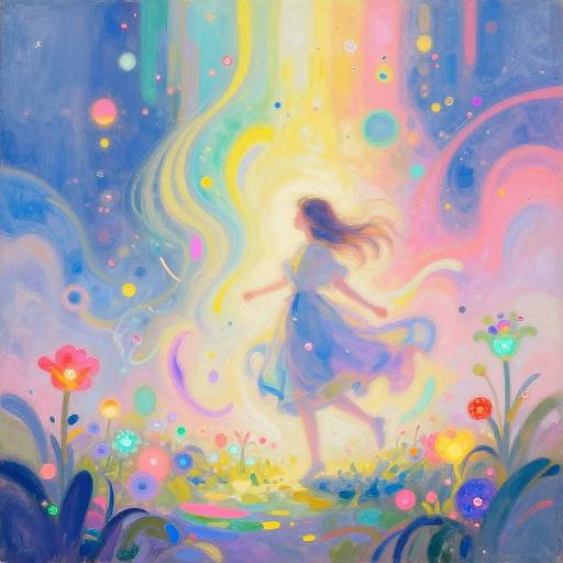Digital painting of a girl with flowing hair, silhouetted in bright light, surrounded by colorful, glowing flowers and abstract, ethereal swirls