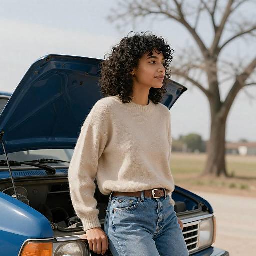 Young Woman Beside Blue Truck