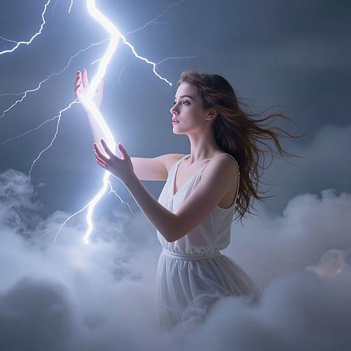 Photograph of a young woman with long brown hair, wearing a white sleeveless dress, holding a bright, lightning-like light against a cloudy, storm