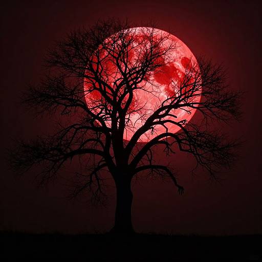 Silhouetted leafless tree against a vivid red full moon in a dark, shadowy night sky, creating a haunting, mystical scene.