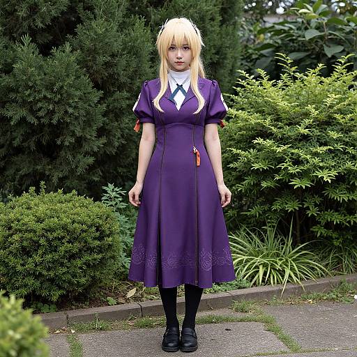 Blonde cosplayer in purple dress with white collar, black shoes, standing in front of green bushes, realistic CGI style.