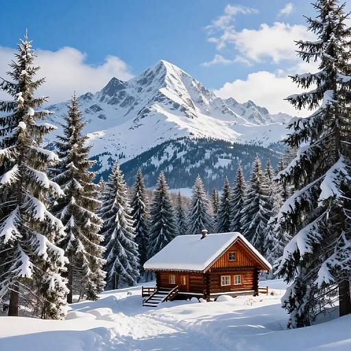 Photograph of a snow-covered wooden cabin surrounded by tall, snow-laden evergreen trees, with majestic, sunlit mountains in the bright blue sky
