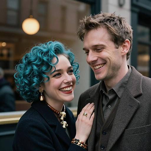 Elegant Couple Laughing at NYC Cafe