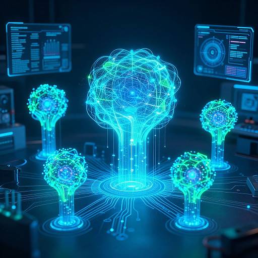 Digital CGI image of glowing blue, wireframe-like trees with intricate networks and data screens in the background, creating a futuristic, cybernetic atmosphere.