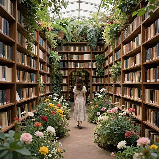 Photograph of a woman in a white dress, with long brown hair, walking down a flower-filled library aisle, surrounded by bookshelves and lush